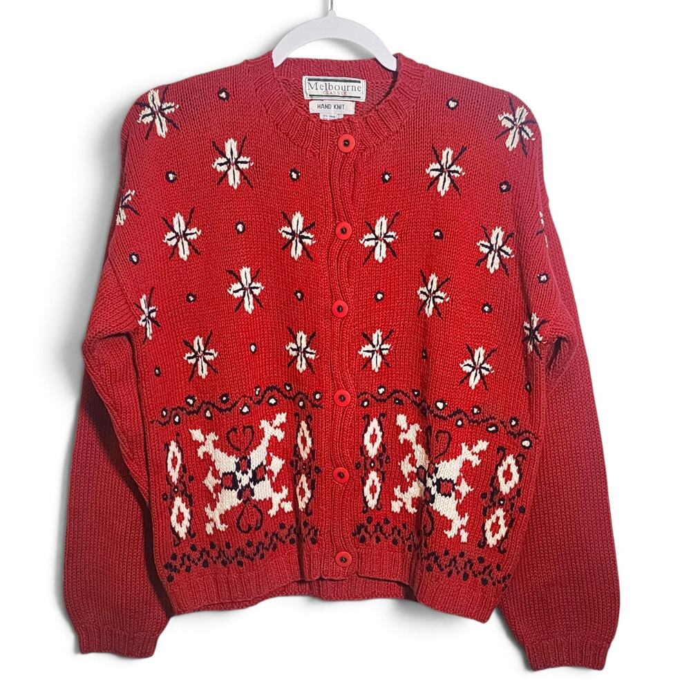 Vintage Melbourne Classicx Hand Knit Red Cardigan Sweater Fair Isle Nordic Small